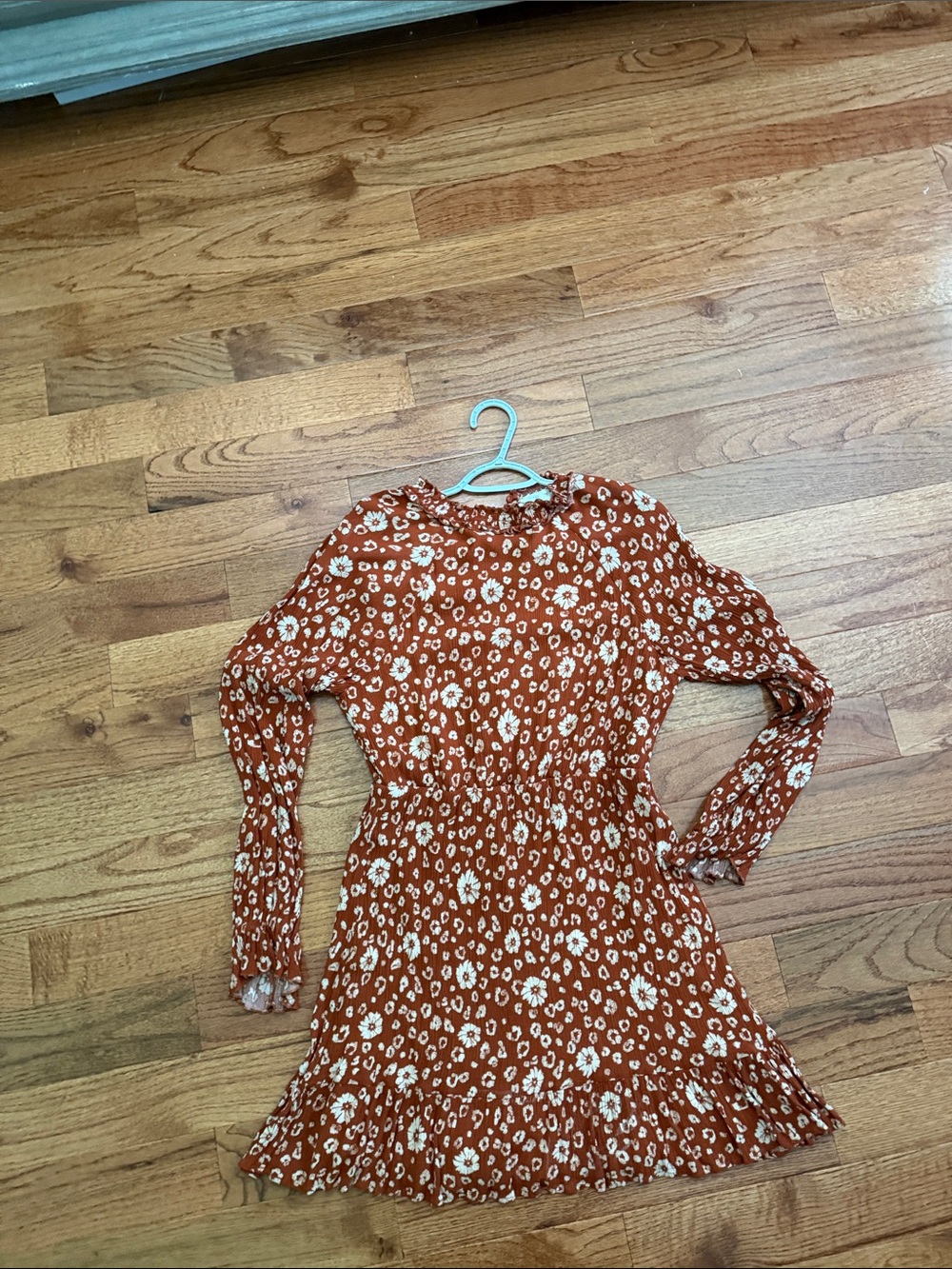 Peach Love California Rust Floral Long Sleeve Ruffle Hem Dress